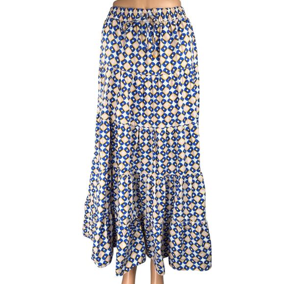 Zara Blue Yellow Argyle Tiered Peasant Gypsy Cottage Core Midi A Line Skirt Sz M - Picture 1 of 6